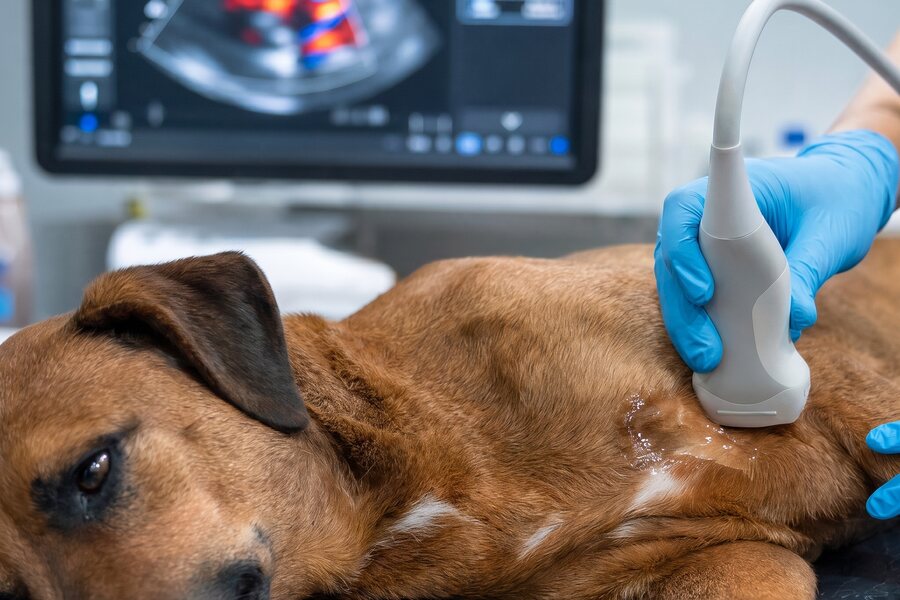 Sonda de ultrassom apoiada no tórax de um cão deitado, com a imagem de Doppler colorido na tela ao fundo.