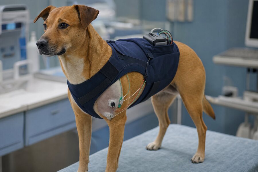 Cão em pé usando o colete que carrega o gravador de Holter, com os cabos ligados aos eletrodos no tórax.