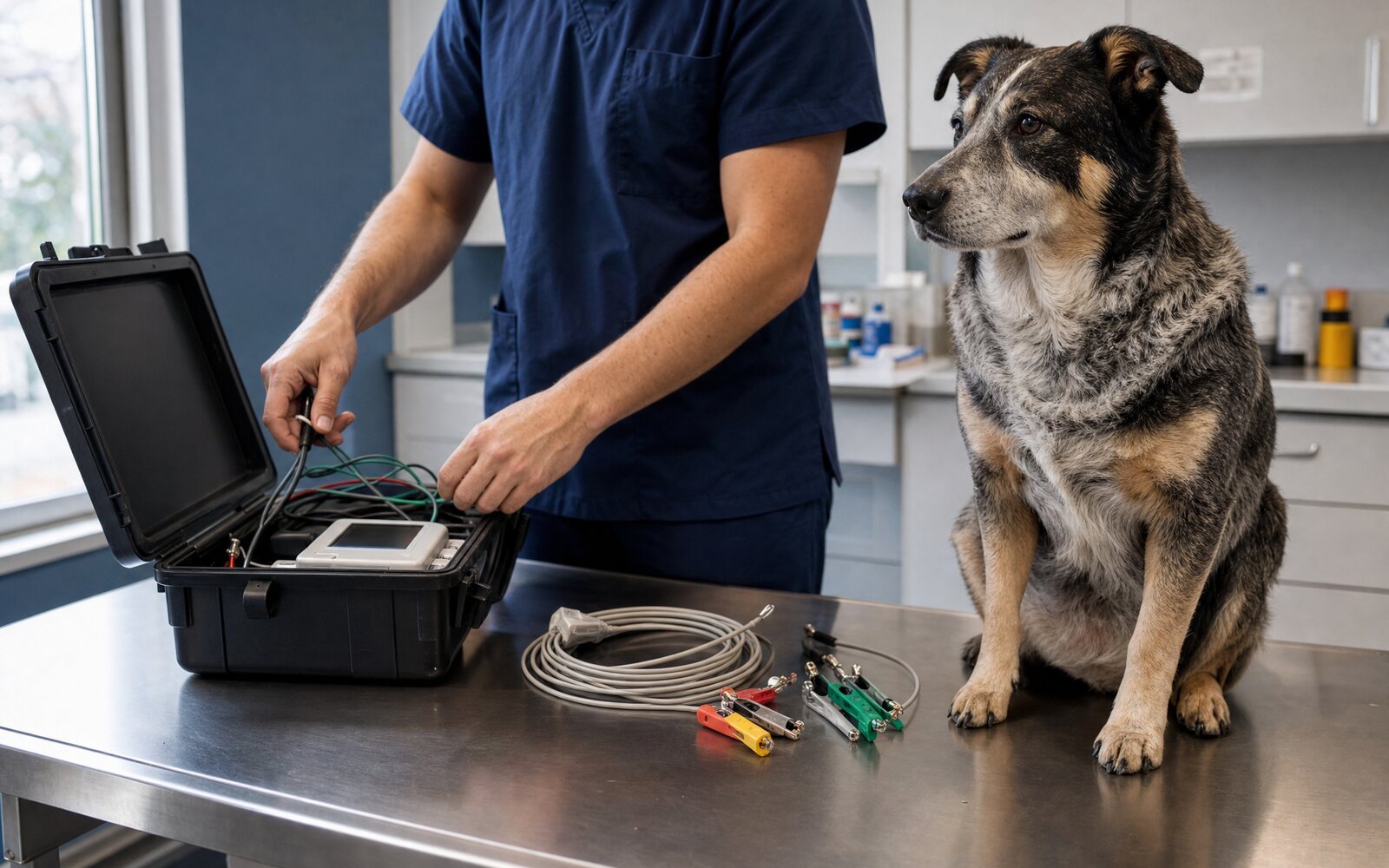 Maleta com o aparelho de eletrocardiograma portátil aberta sobre a mesa de uma clínica, com os clipes de eletrodo ao lado e um cão sentado esperando.